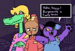 anthro black_hair blonde_hair blue_hair blush bodily_fluids breasts brown_body brown_fur clothing dialogue female fur group hair hat headgear headwear male multicolored_hair open_mouth pink_eyes purple_body purple_fur purple_hair smile speech_bubble sweat sweatdrop text trash_can yellow_eyes zaptagon undertale undertale_(series) bratty_(undertale) burgerpants catty_(undertale) crocodile crocodilian domestic_cat felid feline felis mammal reptile scalie 2015 english_text hi_res