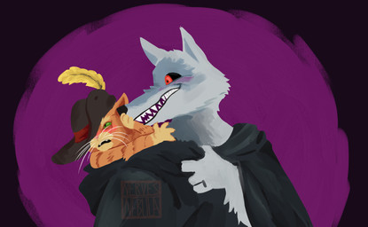 4_fingers anthro blush carrying_another circle_background claws cloak clothing clothing_grab duo ears_up facial_markings fingers frown fur fuzzy green_eyes grey_body grey_fur grin hand_on_mouth hand_on_muzzle hat head_markings headgear headwear hood hooded_cloak inside_clothing looking_at_another looking_away looking_pleasured male male/male markings mask_(marking) open_mouth orange_body orange_fur pointy_ears poncho prick_ears red_background red_eyes sharing_clothing shy simple_background size_difference smile standing teeth whiskers nervesnebula dreamworks puss_in_boots_(franchise) death_(puss_in_boots) puss_in_boots_(dreamworks) canid canine canis domestic_cat felid feline felis mammal tabby_cat wolf hi_res signature