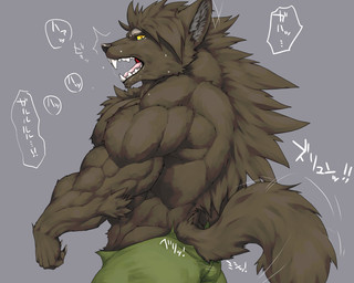 anthro beard big_muscles black_beard black_body black_claws black_facial_hair black_fur bodily_fluids bottomwear claws clothed clothed_anthro clothed_male clothing eyebrows facial_hair finger_claws fur green_bottomwear green_clothing grey_background grey_eyebrows looking_at_self looking_back_at_self male monotone_body monotone_fur motion_lines muscular muscular_anthro muscular_male open_mouth pink_tongue pointy_ears saliva side_view simple_background snout solo speech_bubble sweat sweaty_face tail tears teeth text thick_eyebrows tongue tongue_showing topless topless_anthro topless_male topwear torn_clothing torn_topwear tremble_spikes yellow_eyes captainjohkid canid mammal 2018 5:4 digital_drawing_(artwork) digital_media_(artwork) half-length_portrait hi_res japanese_text portrait translation_request
