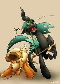 captured clothing duo female feral hat headgear headwear horn insect_wings lasso rope wings conicer friendship_is_magic hasbro my_little_pony applejack_(mlp) queen_chrysalis_(mlp) arthropod changeling_(mlp) earth_pony equid equine horse mammal pony hi_res