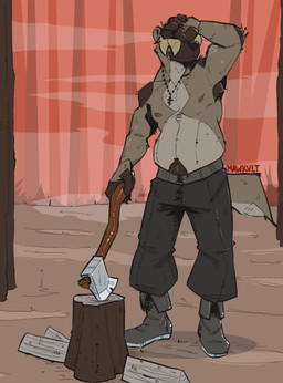 anthro at_work axe blonde_hair boots clothing cross ears_up fog foggy_background footwear forest hair hand_on_face hidden_eyes holding_axe holding_melee_weapon holding_object holding_weapon jewelry lumber lumberjack male melee_weapon muscular necklace plant shoes slightly_chubby slightly_chubby_anthro slightly_chubby_male solo steam steamy_breath strong_fat tail text tree tree_stump weapon mawkvlt trofim_wolverine_(mawkvlt) gulonine mammal mustelid musteline wolverine english_text hi_res