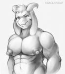 2017 abs anthro areola asriel_dreemurr_(god_form) biceps big_nipples boss_monster_(undertale) bovid caprine conditional_dnp fur horn looking_at_viewer male mammal monochrome muscular muscular_anthro muscular_male navel nipples nude ourflatcoat pecs simple_background smile solo third-party_edit undertale undertale_(series) waist_up white_background white_body white_fur