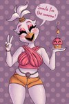 anthro beak beakstick big_breasts bottomwear bracelet breasts clothing colored_nails crop_top dialogue exclamation_point eyeshadow feathers female furgonomics gesture hand_gesture hotpants jewelry lipstick long_nails makeup muffin_top nails orange_bottomwear orange_clothing orange_shorts pink_clothing pink_eyeshadow pink_shirt pink_topwear pose scrunchie shirt shorts slightly_chubby solo text thick_thighs thigh_up tight_bottomwear tight_clothing topwear v_sign white_body mightywheelchair five_nights_at_freddy's freddy_fazbear's_pizzeria_simulator scottgames ultimate_custom_night funtime_chica_(fnaf) funtime_cupcake_(fnaf) avian bird chicken galliform gallus_(genus) phasianid 2022 digital_media_(artwork) english_text hi_res