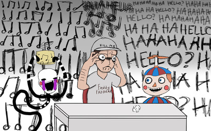 annoyed blue_eyes dialogue greeting group male music puppet text unknown_artist five_nights_at_freddy's five_nights_at_freddy's_2 scottgames balloon_boy_(fnaf) jeremy_fitzgerald marionette_(fnaf) human humanoid mammal 16:10 english_text widescreen