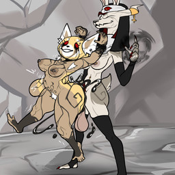 abdominal_bulge anal anal_penetration anthro armpit_hair balls big_butt bodily_fluids body_hair butt clothing corruption duo ear_piercing ejaculation eyebrow_piercing eyeless facial_piercing female floating genital_fluids genitals gynomorph horn intersex intersex/female legwear magic markings mind_break mind_control multiple_piercings nails penetration piercing pubes red_eyes saggy_balls size_difference stockings tattoo unusual_bodily_fluids unusual_genital_fluids hexecat aggretsuko sanrio celeste_the_nun_rabbit_(character) retsuko ailurid demon lagomorph leporid mammal rabbit red_panda absurd_res hi_res