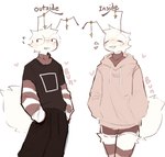 anthro biped brown_clothing brown_hoodie brown_topwear clothing duo eyewear femboy fur glasses heart_symbol hoodie looking_at_viewer male slim_anthro slim_male topwear wearing_glasses white_body white_fur bunonthemoon arthropod bee hymenopteran insect 2024 hi_res