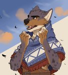 anthro brown_body brown_fur clothed clothing fur grey_body grey_fur male mantle markings open_mouth outside sky solo spots spotted_body spotted_fur teeth topwear tuft wind hyenamancer gnoll hyena mammal spotted_hyena digital_media_(artwork) half-length_portrait hi_res portrait