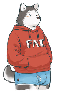 anthro black_body blush bulge clothing hoodie kemono male simple_background slightly_chubby solo text text_on_clothing text_on_hoodie text_on_topwear topwear underwear white_background white_body jeck fat_hoodie meme_clothing canid canine canis domestic_dog mammal 2015 9:14 hi_res meme