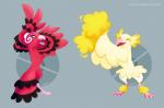 2016 4_toes ambiguous_gender anisodactyl baile_oricorio black_body black_feathers duo eyes_closed eyeshadow feathers feet feral generation_7_pokemon grey_background hi_res makeup nintendo nude open_mouth open_smile oricorio pokemon pokemon_(species) pom-pom_oricorio red_body red_feathers simple_background smile talons thedrawingbirb toes yellow_body yellow_feathers