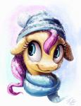 blue_eyes female hair outside pink_hair snow snow_hat snowing solo winter_hat tsitra360 friendship_is_magic hasbro my_little_pony fluttershy_(mlp) equid equine horse mammal pony 2014 bust_portrait hi_res portrait