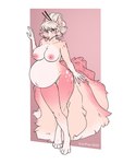 accessory anthro belly big_belly breasts chest_tuft claws cleavage clothed clothing cream_hair crossed_legs female flower fur genitals glistening glistening_belly hair hair_accessory hair_bun hair_sticks hand_on_tail inner_ear_fluff leaning_on_wall looking_at_viewer markings multi_tail navel nipples nude outie_navel pink_body pink_fur pink_nipples pink_nose plant pokemorph pregnant pregnant_anthro pregnant_female pussy solo spots spotted_markings standing swimwear tail teal_eyes thick_thighs tuft two-piece_swimsuit karipup nintendo pokemon sasha_valiski canid canine fox fox_spirit generation_1_pokemon mammal ninetales pokemon_(species) 2025 3:4 absurd_res hi_res