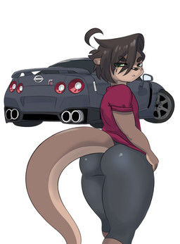 ahoge anthro big_butt black_hair black_nose bottomwear brown_body brown_fur bubble_butt butt car clothing femboy fur green_eyes grey_bottomwear grey_clothing grey_pants hair half-closed_eyes looking_at_viewer looking_back male narrowed_eyes pants pose rear_view red_clothing red_shirt red_topwear shirt simple_background solo standing tail tan_body tan_fur thick_tail thick_thighs tight_clothing topwear vehicle white_background mr-shin nissan nissan_gtr shin_(mr-shin) mammal mustelid otter river_otter 2025 hi_res