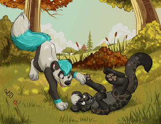 black_body black_fur black_nose black_tail blue_hair blue_tail brown_eyes cloud duo feral fur glistening glistening_eyes grass grey_body grey_fur grey_tail hair logo male open_mouth open_smile plant playful semi-anthro short_hair shrub sky smile tail tree white_body white_fur white_hair white_tail yellow_eyes young young_feral young_male pandapaco bear felid giant_panda mammal artist_logo signature