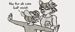 anthro arms_outstretched dialogue duo explicit_text eyes_closed female scottish_accent text wick_(artist) joel_(wick) maisie_whisk canid canine canis domestic_dog korean_jindo mammal mouse murid murine rodent spitz 2023 english_text greyscale intralingual_translation monochrome