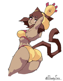 anthro big_butt bikini breasts brown_body brown_hair butt clothing eyebrows eyelashes eyewear eyewear_on_head female goggles goggles_on_head hair hand_behind_head red_eyes side_boob solo swimwear two-piece_swimsuit whiskers shantysixix gameoverse glitch_productions kit_bodega domestic_cat felid feline felis mammal 2026 hi_res