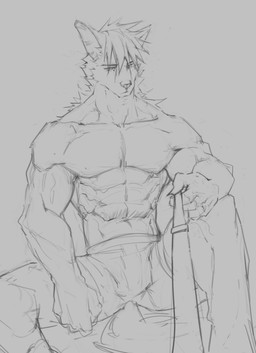 abs anthro bottomwear bulge cheek_tuft clothed clothing facial_tuft front_view hair leash looking_at_viewer male messy_hair mouth_closed muscular muscular_anthro muscular_male narrowed_eyes navel neck_tuft pecs short_hair simple_background sitting solo topless tuft underwear unsigned awaldkize canid mammal absurd_res hi_res monochrome sketch