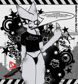 2000s_theme abstract_background anthro blood blood_drip bodily_fluids breasts clothed clothed_anthro clothing danger_sign dialogue dripping female fur graffiti hand_on_weapon knife looking_at_viewer melee_weapon mischievous small_breasts solo star text weapon white_body white_fur ghost510 femtanyl token_(femtanyl) felid feline mammal 2026 digital_media_(artwork) english_text hi_res
