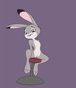 3_toes anthro bar_stool feet female flat_chested fur furniture genitals grey_body grey_fur hands_behind_back long_ears looking_down nude open_mouth pink_nose purple_background purple_eyes simple_background solo spread_legs spreading stool straddling toes vulva starshippizza disney zootopia judy_hopps lagomorph leporid mammal rabbit full-length_portrait portrait