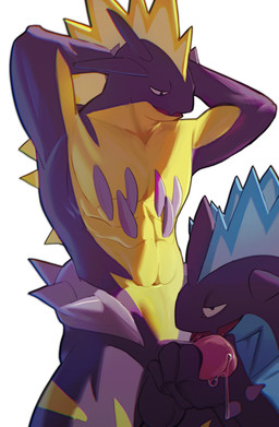 abs athletic athletic_male balls bodily_fluids duo erection genital_fluids genitals glans hands_behind_head humanoid_genitalia humanoid_penis licking male male/male oral penile penis penis_lick precum sex simple_background tongue mangomola nintendo pokemon amped_toxtricity generation_8_pokemon low_key_toxtricity pokemon_(species) toxtricity digital_drawing_(artwork) digital_media_(artwork) hi_res