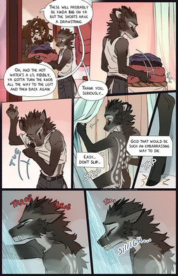 anthro barefoot bathing bathroom biped black_nose brown_body brown_eyes brown_fur cheek_tuft clothed clothed_anthro clothing dialogue duo facial_tuft feet fur grey_body grey_fur hair head_tuft headache hooves inner_monologue male nude_anthro onomatopoeia pointy_ears prick_ears shower shower_curtain showering snout solo sound_effects speech_bubble tail tan_body tan_fur text text_box thinking tuft tusks undressing yellow_sclera falco_works indy_(justroadkill) pen_(falco_works) canid canine canis cervine coyote deer mammal tufted_deer 2026 comic digital_media_(artwork) english_text hi_res multiple_scenes