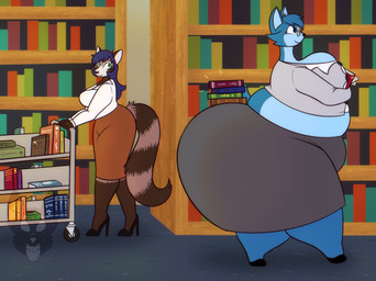 5_fingers anthro bar_emanata barefoot belly big_belly big_breasts big_butt biped black_clothing black_eyes black_footwear black_high_heels black_hooves black_nose black_shoes blue_body blue_book blue_countershading blue_fur blue_hair blue_tail blue_tuft book book_cart book_on_butt book_stack bookshelf bottomwear breast_size_difference breasts brown_body brown_book brown_fur brown_markings brown_stripes butt button_(fastener) carpet cart cheek_tuft cleavage cleavage_overflow clothed clothed_anthro clothed_female clothing countershade_face countershade_fur countershade_neck countershade_torso countershading detailed_background duo emanata eyewear facial_markings facial_tuft feet female female_anthro fingers footwear fur fur_tuft furniture glasses green_book green_eyes grey_bottomwear grey_clothing grey_jacket grey_skirt grey_topwear hair head_markings high_heels holding_book holding_object holding_paper hooves huge_butt huge_thighs hyper hyper_butt inside jacket larger_anthro larger_female librarian library long_tail looking_at_another markings midriff obese obese_anthro obese_female object_on_butt orange_book orange_bottomwear orange_clothing orange_skirt overweight overweight_anthro overweight_female paper pencil_skirt plantigrade pupils purple_book purple_hair pushing_cart rectangular_glasses red_book scut_tail shadow shoes short_tail size_difference skindentation skirt smaller_anthro smaller_female striped_body striped_fur striped_markings striped_tail stripes tail tail_markings tan_body tan_fur tan_stripes tan_tuft tear_(marking) thick_thighs tight_clothing topwear tuft unguligrade walking white_body white_countershading white_dress_shirt white_emanata yellow_book strawberrymilkdog charlotte_fay mina_(maztitos) canid canine catrobis felid mammal raccoon_dog tanuki 2022 colored digital_drawing_(artwork) digital_media_(artwork) english_description hi_res watermark