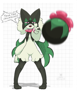 3_fingers 3_toes ambiguous_gender anthro black_body black_fur blurred_foreground dialogue fangs feet fingers flower_trick fur geometric_background green_body green_fur grid_background logo looking_at_viewer open_mouth pattern_background pawpads pink_body pink_eyes pink_nose pink_pawpads plant simple_background solo speech_bubble standing teeth text throwing throwing_object toes white_background razgrizdl eminem_throw nintendo pokemon generation_9_pokemon meowscarada pokemon_(species) 2024 artist_logo artist_name english_text hi_res meme reaction_image
