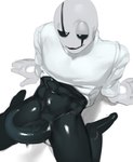 absurd_res bald black_body bodily_fluids clothed clothing curved_penis facial_markings gaster genitals glistening glistening_body glistening_genitalia head_markings hi_res high-angle_view hole_in_hand holes_in_body humanoid kogito male markings monotone_background partially_clothed penis shirt simple_background smile solo tapering_penis topwear undershirt undertale undertale_(series) white_background white_body