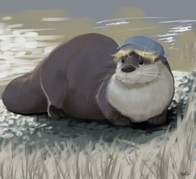 blonde_hair blue_clothing blue_hat blue_headwear brown_body brown_fur clothing detailed_fur feral fur grass hair hat headgear headwear male otter_tail outside plant smile solo tan_body tan_fur wearing_hat whiskers pandottermon world_otter_day parker_(pandottermon) mammal mustelid otter 2026 colored dated detailed signature