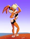 3_toes anthro blue_eyes bottomwear bra buckteeth clothing feet female gloves hair handwear shorts simple_background solo teeth toes underwear juneduck21 looney_tunes warner_brothers lola_bunny lagomorph leporid mammal rabbit hi_res signature