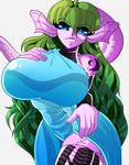 big_breasts blue_eyes breasts clothed clothing dress female green_hair hair hand_on_hip huge_breasts looking_at_viewer purple_body smile solo wide_hips bartending_crow laa amphibian axolotl humanoid marine mole_salamander salamander absurd_res hi_res