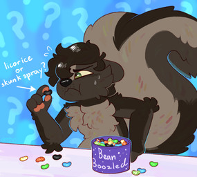 anthro arm_tuft black_nose bodily_fluids candy dessert directional_arrow ears_down elbow_tuft eyebrows food frown fur green_eyes grey_body grey_fur grey_hair hair holding_candy holding_food holding_jelly_bean holding_object jelly_bean male nervous pawpads pink_pawpads pivoted_ears question_mark short_hair solo sweat sweatdrop tail text tuft white_text crownedvictory beanboozled_(candy) jelly_belly wix_(skunkwix) mammal mephitid skunk striped_skunk 2023 absurd_res digital_drawing_(artwork) digital_media_(artwork) english_text flat_colors handwritten_text hi_res