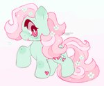 accessory ambiguous_gender feral flower flower_in_hair green_body hair hair_accessory heart_(marking) mane markings pink_eyes plant pre-g4 smile solo tail phannpy hasbro mlp_g3 my_little_pony minty_(mlp_g3) earth_pony equid equine horse mammal pony