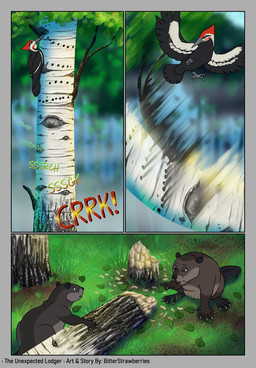ambiguous_gender beaver_tail day feral fur gesture grass grey_body grey_fur group hand_gesture leaves_on_ground outside plant pointing tree wood bitterstrawberries atlas_(bitterstrawberries) husq_(bitterstrawberries) avian bird picid woodpecker comic hi_res
