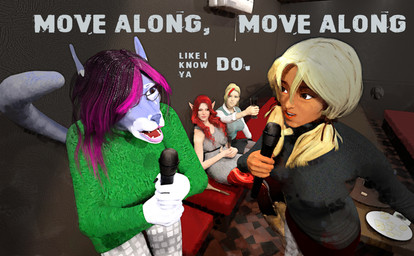 anthro beverage duo_focus electronics female furniture group humanoid_pointy_ears inside karaoke karaoke_bar microphone party pointy_ears singing sitting snack sofa table text perturbedmania natalie_whitlow canid canine canis domestic_dog elf human humanoid jackal mammal 3d_(artwork) daz_studio_(artwork) digital_media_(artwork) english_text hi_res