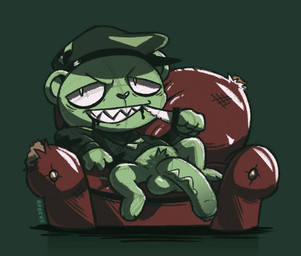 3_toes 4_fingers anthro balls big_balls big_penis blood bodily_fluids bottomless bottomless_male clothed clothing dog_tags fangs feet fingers foreskin fur furniture genitals green_background green_body green_fur hat headgear headwear holding_object holding_weapon huge_penis humanoid_genitalia humanoid_penis hyper hyper_genitalia hyper_penis knife male military military_cap military_uniform penis pose pubes shortstack simple_background sitting smile smiling_at_viewer sofa solo teeth toes uniform weapon conditional_dnp kazoko_(artist) happy_tree_friends flippy_(htf) bear mammal