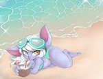 beach bikini blue_body breasts cleavage clothed clothing cocktail_garnish cocktail_umbrella coconut drinking drupe_(fruit) eyewear female food fruit goggles hair lying not_furry plant sand seaside short_stack solo swimwear two-piece_swimsuit white_hair yellow_eyes bandlebro league_of_legends riot_games tencent tristana_(lol) humanoid yordle hi_res