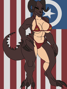 anthro bikini breasts brown_body brown_scales caesars_legion clothing countershading female flag horn non-mammal_breasts red_bikini red_clothing red_swimwear scales simple_background solo swimwear tail tan_body tan_countershading teeth two-piece_swimsuit yellow_eyes anton06109296 fallout microsoft guersilia deathclaw scalie 3:4