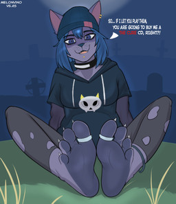 4_toes alternative_fashion anklet anthro barefoot beanie blue_clothing blue_eyes blue_hair blue_hoodie blue_topwear cemetery choker clothing dialogue digit_ring ear_piercing ear_ring fangs feet female foot_fetish foot_focus freckles goth grass hair hat headgear headwear hoodie humanoid_feet innocent_expression jewelry looking_at_viewer necklace night piercing plant plantigrade print_clothing print_hoodie print_topwear purple_body ring ring_piercing smile soles solo teasing teasing_viewer teeth text toe_ring toes topwear melonvino norrigan_(melonvino) domestic_cat felid feline felis mammal english_text signature