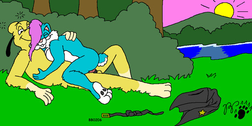 animal_genitalia anthro balls black_pawpads blue_body blue_fur breasts buckteeth clothing discarded_clothing discarded_vest duo eyes_closed female forest fur genitals gloves_(marking) hair lake leg_markings male male/female markings nude nude_female nude_male outside pawpads penis pink_nose plant purple_hair scut_tail sheath short_tail shrub sleeping socks_(marking) sunrise tail teeth tree yellow_body yellow_fur kthanid_(artist) rutwell_forest beuford_bloodhound binky_bunny_(rutwell) bloodhound canid canine canis domestic_dog hunting_dog lagomorph leporid mammal rabbit scent_hound