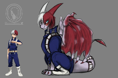 alternate_species belt blue_bottomwear blue_clothing blue_eyes blue_pants blue_shirt blue_topwear boots bottomwear clothed clothed_feral clothed_male clothing dragonified facial_scar feral feralized footwear grey_background grey_eyes hair heterochromia horn male multicolored_hair pale_skin pants raised_arm red_horn red_wings scar shirt shoes simple_background sitting solo standing topwear two_tone_hair utility_belt white_boots white_clothing white_footwear white_horn wings evilfeather my_hero_academia mythology todoroki_shouto dragon human mammal mythological_creature mythological_scalie scalie 2021 3:2