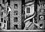 anthro bizarre bottomwear building clothed clothing creepy detailed_ambient_creature detailed_background fantasy fully_clothed gas_mask holding_object humanoid_hands macro male mask pants side_view silhouette staff surrealism teeth teeth_showing topwear travel walking walking_stick wide_eyed nikraccoom canid canine canis fantasy_creature mammal wolf cross-hatching detailed hatching_(art) monochrome shaded