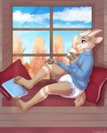 anthro autumn beverage book clean_diaper clothed clothing cloud coffee_mug diaper hooves horn looking_outside male pillow plant relaxing sitting sky smile solo steam sweater topwear tree turtleneck wearing_diaper wetness_indicator window strawberryneko goat_(daxter131) bovid caprine goat mammal 4:5 hi_res watermark