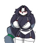 anthro big_breasts blush bra breasts clothing female huge_breasts lingerie panties small_waist solo thick_thighs underwear white_bra white_clothing white_panties white_underwear wide_hips pace-maker helluva_boss queen_octavia_(teathekook) avian bird demon owl owl_demon