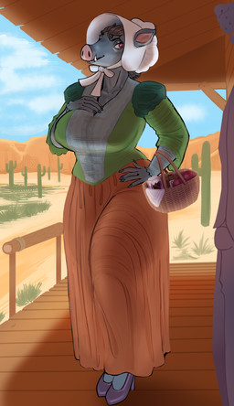 1800s_theme anthro basket big_breasts biped bonnet bottomwear breasts cactus clothed clothed_anthro clothed_female clothing cloud container day desert female fingers footwear front_view glass_jar grass green_clothing green_shirt green_topwear grey_body hand_on_breast hand_on_hip headgear headwear high_heels huge_breasts humanoid_hands long_skirt looking_aside mountain open_mouth orange_bottomwear orange_clothing orange_skirt outside plant plantigrade pomegranate porch pose purple_clothing purple_footwear purple_high_heels red_eyes sand sharp_tooth shirt shoes skirt sky snaggle_tooth solo standing topwear vaalgarth mammal suine 2026 colored full-length_portrait hi_res portrait shaded