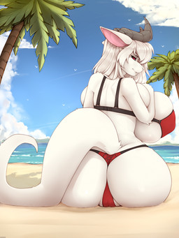 2_horns anthro beach big_breasts big_butt bikini black_sclera breasts bulging_breasts butt camel_toe clothed clothing detailed_background female fur genitals hair horn huge_breasts looking_at_viewer looking_back looking_back_at_viewer nipple_outline occult_symbol palm_tree pentagram plant rear_view red_eyes sea sitting sky solo swimwear symbol tail tree two-piece_swimsuit vulva water white_body white_fur white_hair wide_hips redwix mythology radna bovid caprine dragon goat hybrid mammal mythological_creature mythological_scalie scalie digital_media_(artwork) hi_res