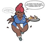 anthro bacon big_breasts blue_bottomwear blue_clothing blue_shirt blue_skirt blue_topwear blue_uniform blush bodily_fluids bottomwear bread breasts clothing female food freckled_face freckles holding_skirt_down meat plate running shirt skirt solo sweat sweatdrop text topwear tray waitress_uniform digitalpelican penny_jenkins_(simplifypm) avian bird chicken galliform gallus_(genus) phasianid english_text hi_res