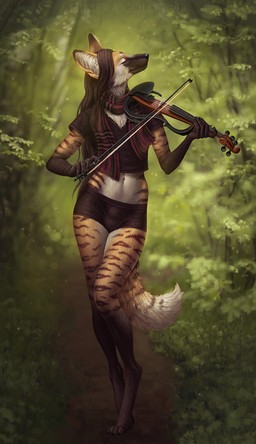 4_toes 5_fingers anthro biped bowed_string_instrument brown_body brown_fur brown_hair bulge clothed clothing day detailed_background detailed_bulge digitigrade eyes_closed feet femboy fingers forest front_view fur genital_outline grass hair hindpaw long_hair male musical_instrument outside paws plant sheath_outline solo string_instrument striped_body striped_fur stripes toes tree violin himeragoldtail heron_stellanimus canid canine mammal maned_wolf 2021 digital_media_(artwork) full-length_portrait hi_res portrait