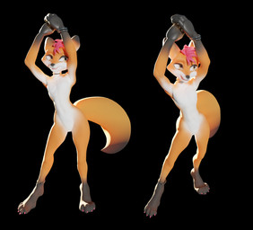 4_fingers 4_toes anklet biped black_background black_body black_fur black_nose bracelet choker claws countershading dipstick_ears dipstick_tail ear_markings featureless_crotch feet femboy fingers fur gloves_(marking) hair jewelry leg_markings light looking_aside male markings multicolored_ears multiple_angles necklace nude orange_body orange_fur paws pink_hair raised_arms short_hair simple_background small_waist socks_(marking) solo standing tail tail_markings toes white_body white_countershading white_fur dragoon343 canid canine fox mammal 3d_(artwork) digital_media_(artwork) full-length_portrait lighting multiple_images portrait shaded