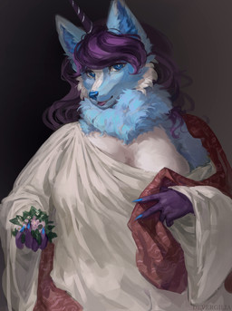 anthro blue_body blue_eyes blue_fur blue_nose breasts clothing female front_view fur gesture hair hand_gesture holding_object horn purple_hair simple_background solo v_sign white_clothing devergilia canid canine fox mammal 2025 half-length_portrait hi_res portrait