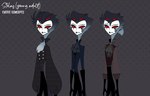 alternative_fashion anthro beak frown goth hair male red_eyes rococo_clothing short_hair simple_background solo standing text tied_hair victorian_clothing white_text teathekook helluva_boss stolas_(helluva_boss) avian bird owl owl_demon absurd_res english_text hi_res